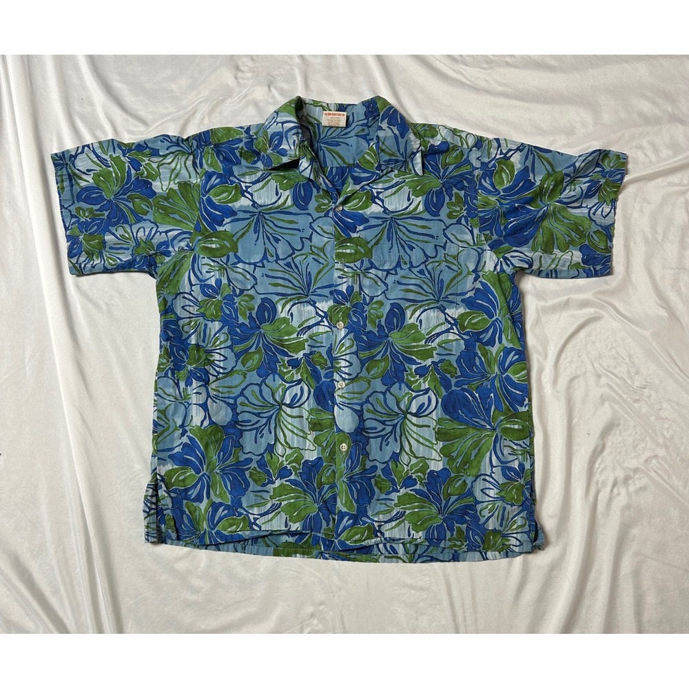 Go Barefoot Hawaiian Vintage Shirt Blue Green Floral Button Up Made USA Men's L
